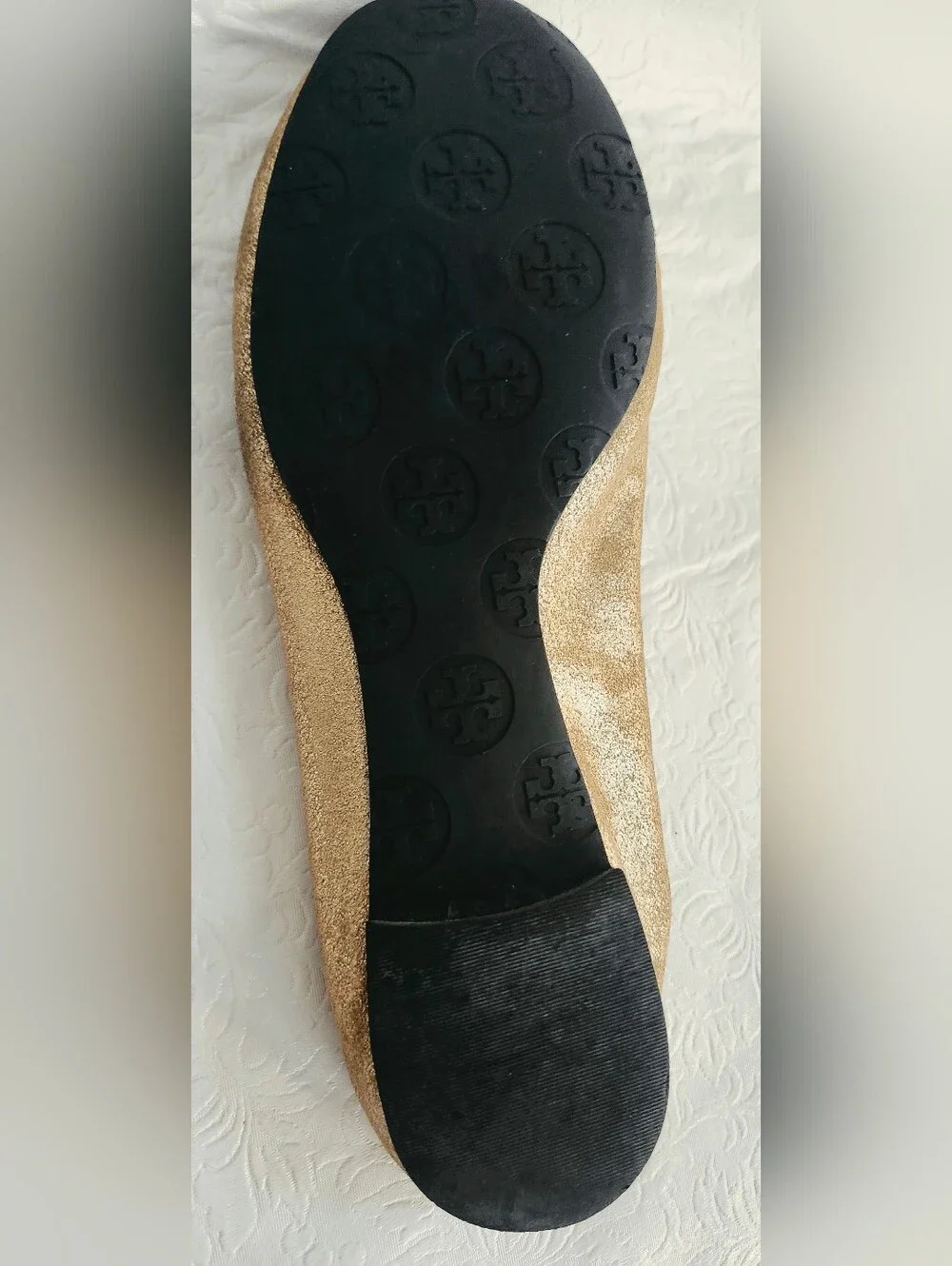 💜Tory Burch Reva Metallic Gold Leather Ballet Flats with Logo Size 9
